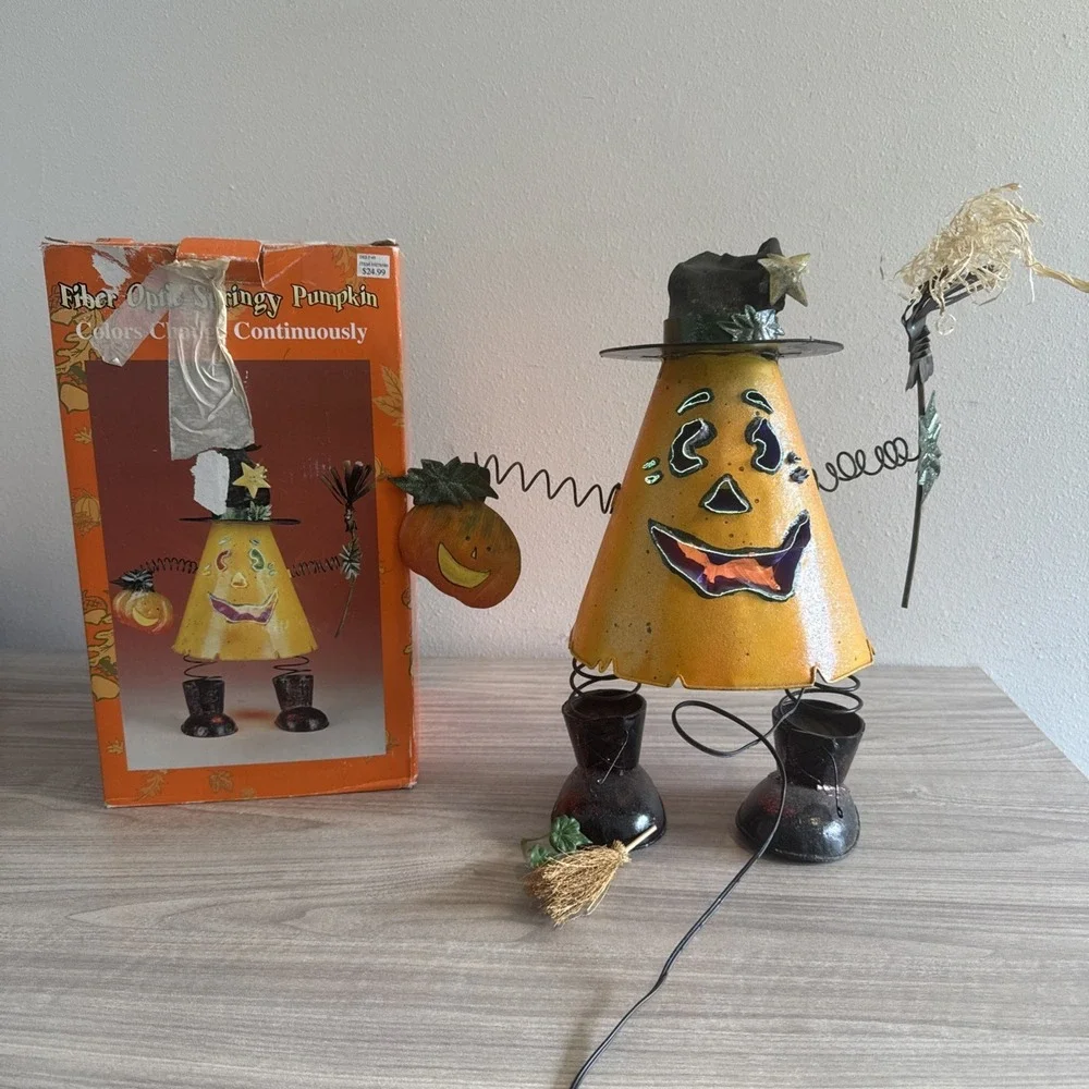Vintage Fiber Optic Springy Pumpkin Collie Changing Halloween Decor W Box Tested